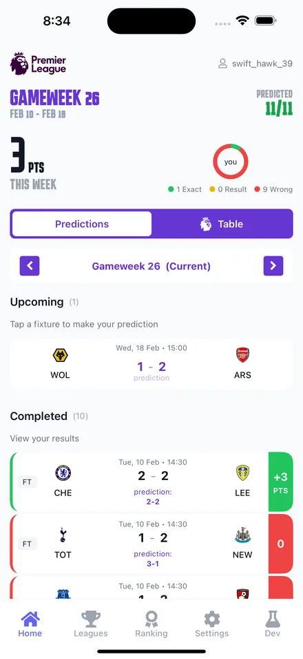 Maven home screen showing gameweek predictions and points
